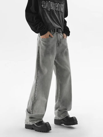 Riolio Autumn New Men's Fashion Baggy Jeans Gray Vintage High Street Wide Legs Denim Trousers Male Casual Straight Pants Streetwear